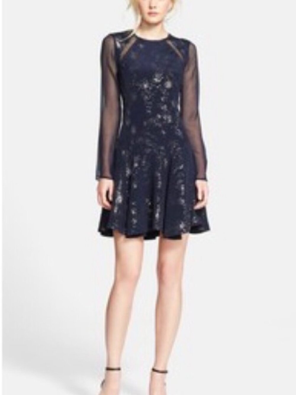 NWOT Rebecca Taylor Navy Blue Sheer Long Sleeve Dress. Size 4